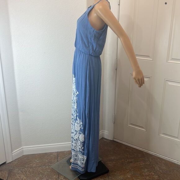 AUW Dress Sz Medium Blue Spaghetti Straps Sleeveless Crotchet Floral Summer Maxi - Picture 4 of 13